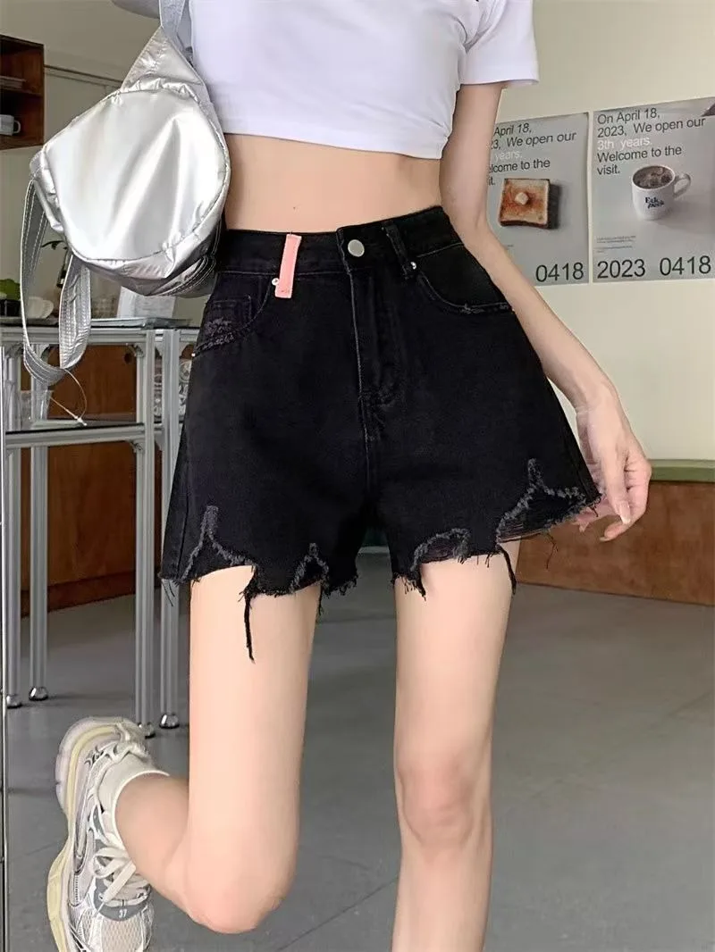 جينز صيفي غير رسمي على الطراز الأمريكي بتصميم كلاسيكي أسود هوتي للنساء سروال جينز نسائي عالي الخصر يرفع الأرداف Jorts Y2k