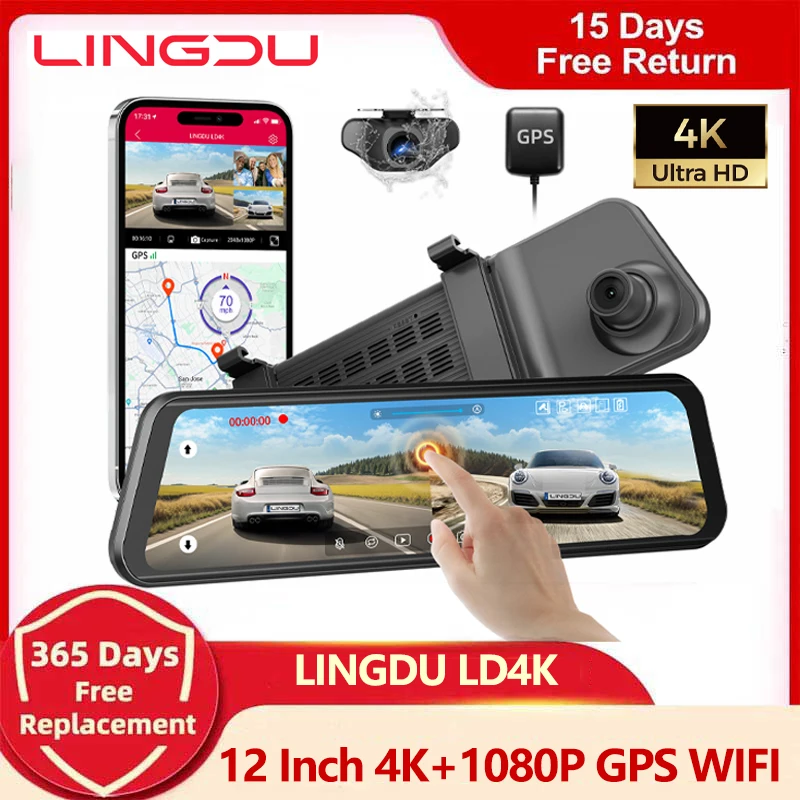 

LINGDU RearView Dash Cam 4K+1080P HD GPS WiFI Camera 11.8" Full Screen Touching Dual-Channel Car DVR Video Recorder Night vision