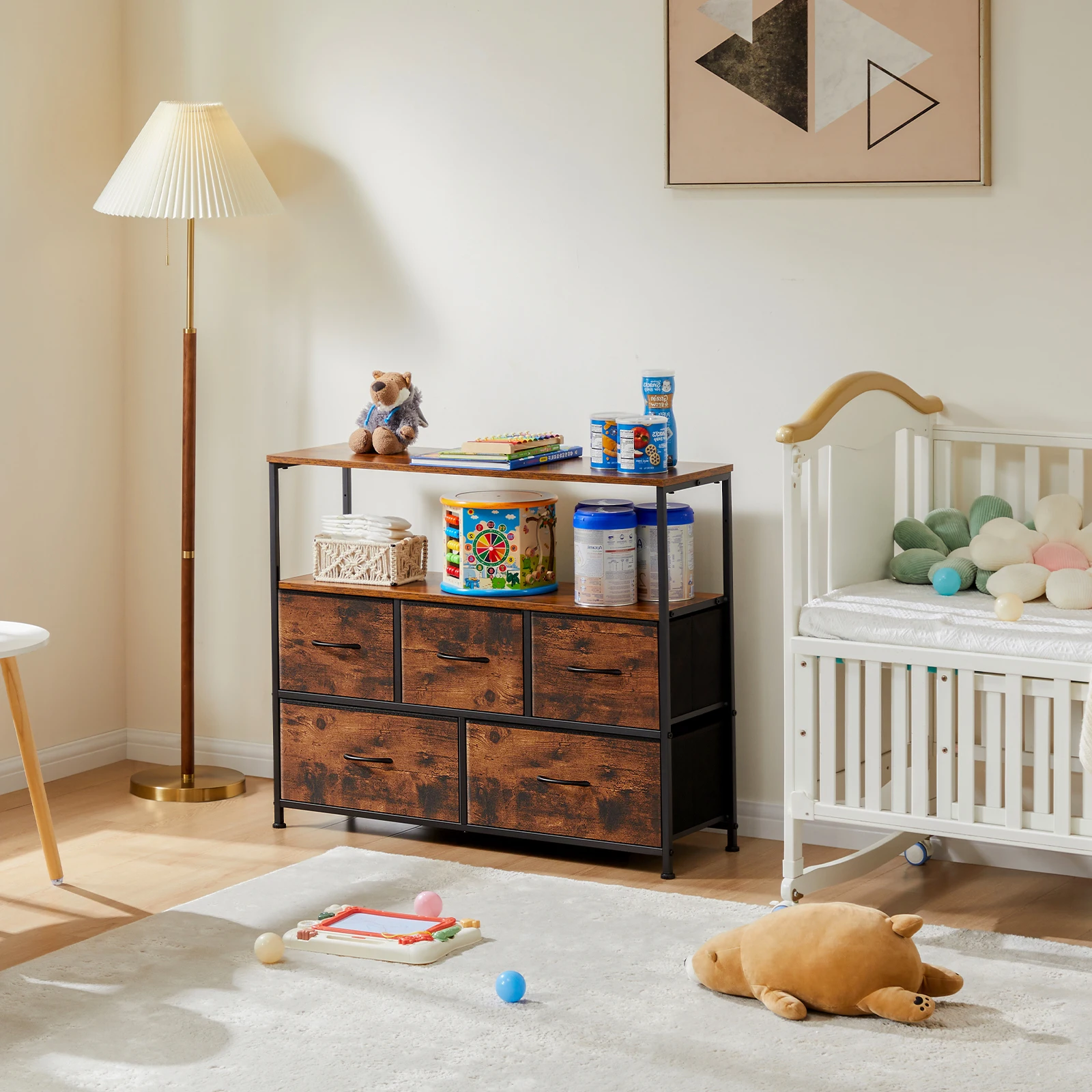 JIAN-Meuble TV Commode pour Chambre à Coucher, 5 Tiroirs de Proximité en Tissu, Placard de Rangement, Coffre à Vêtements, Vitrine de Meubles