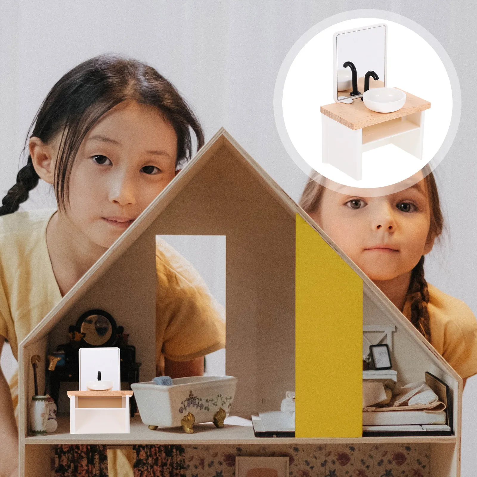 

Миниатюрная деревянно-пластиковая тумба с раковиной для кукольного домика, декор для миниатюрного дома, реквизит для фотосъемки, реалистичный