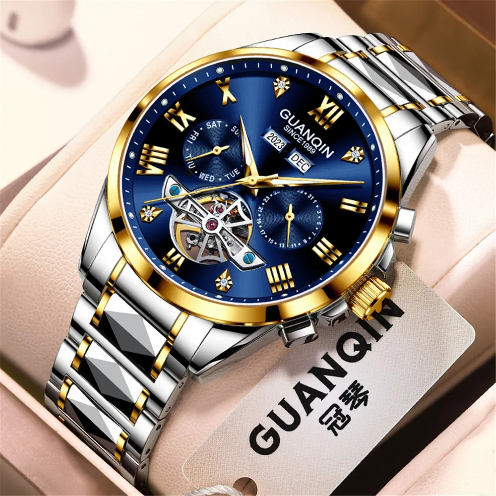 GUANQIN Men Luxury Tungsten Steel Leather Business Wrist Watch Sport Automatic Mechanical Multifunctional Skeleton Design Clock