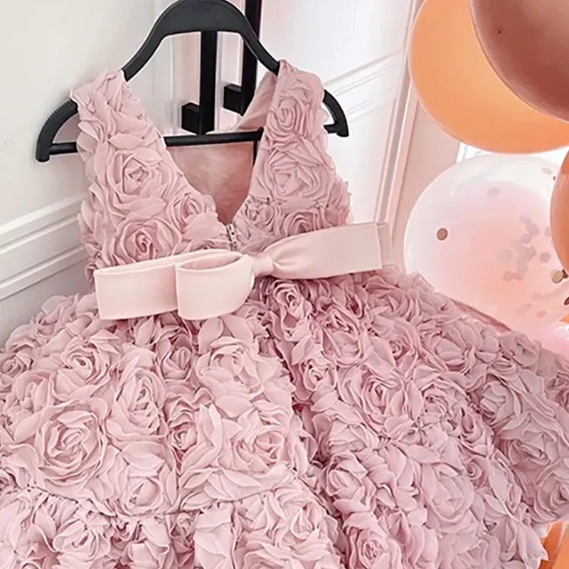 Girls birthday princess dress high-end dress Korean style fashion baby pink three-dimensional flower dress