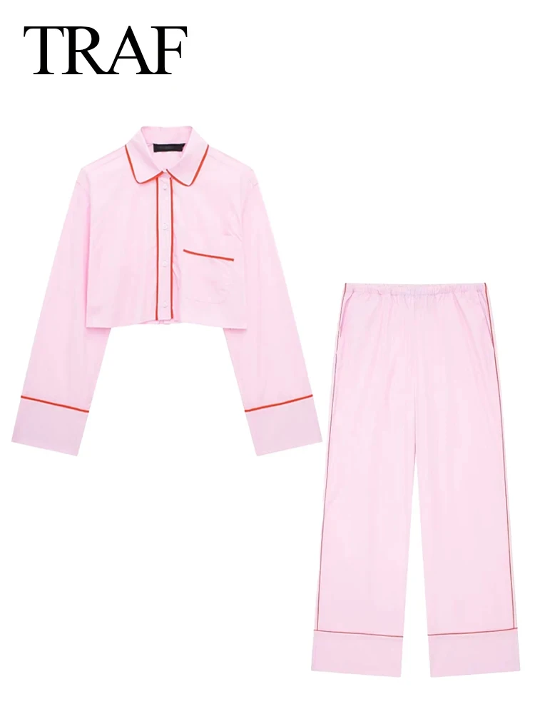 TRAFZA Women Sweet Pink Blouse Pant Sets Button Long Sleeve Cropped Shirt Patchwork Drawstring Straight Trousers Basics Sets