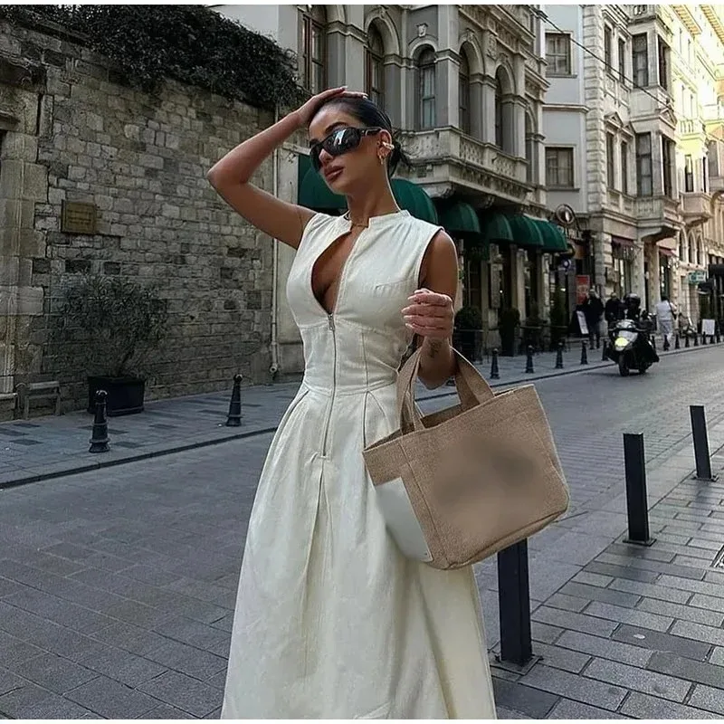 

Elegant Pleated Long Dress For Women High Waist Slim Summer Solid Color Zipper Fashionable Sleeveless Round Neck Long Dress