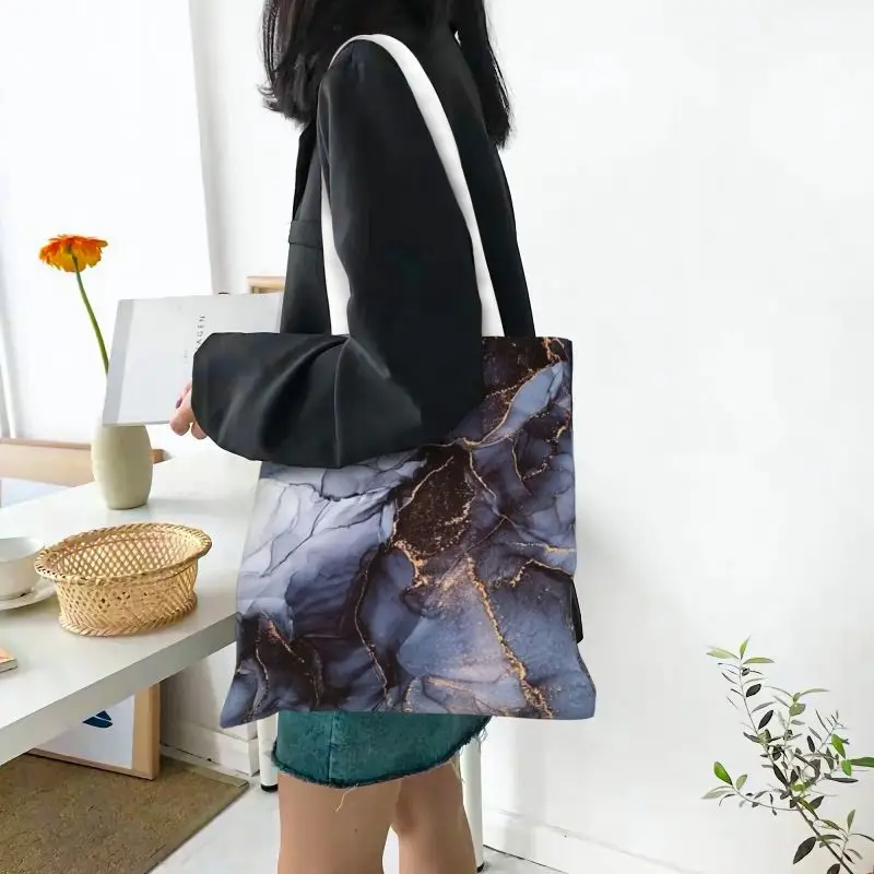 Funny Luxurious Black And Grey Agate Stone With Gold Texture Shopping Tote Bag Reusable Canvas Grocery Shopper Shoulder Bag