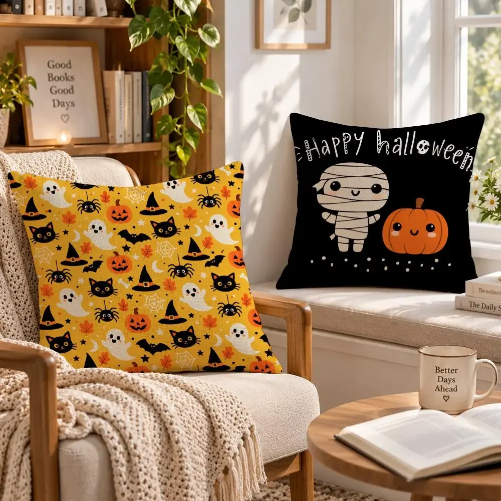 Art Halloween Cute Elf Pumpkin Happy Halloween Devil Creative Cushion Cover Soft Short Cover Washable Sofa Bed Dorm Garden Decor