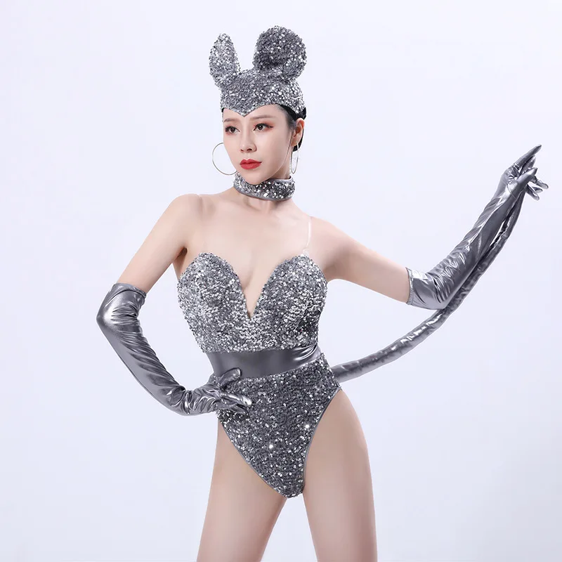 Sexy Silver Bodysuit Halloween Nightclub Mouse Cosplay Costume Carnival Festival Gogo Dancer Stage Performance Outfit 2024 Pole