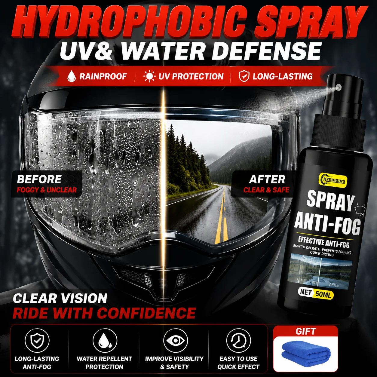 Motorcycle Helmet Anti Fog Spray Nano Hydrophobic Water Repellent For Car Mirror Windscreen Shower Glass
