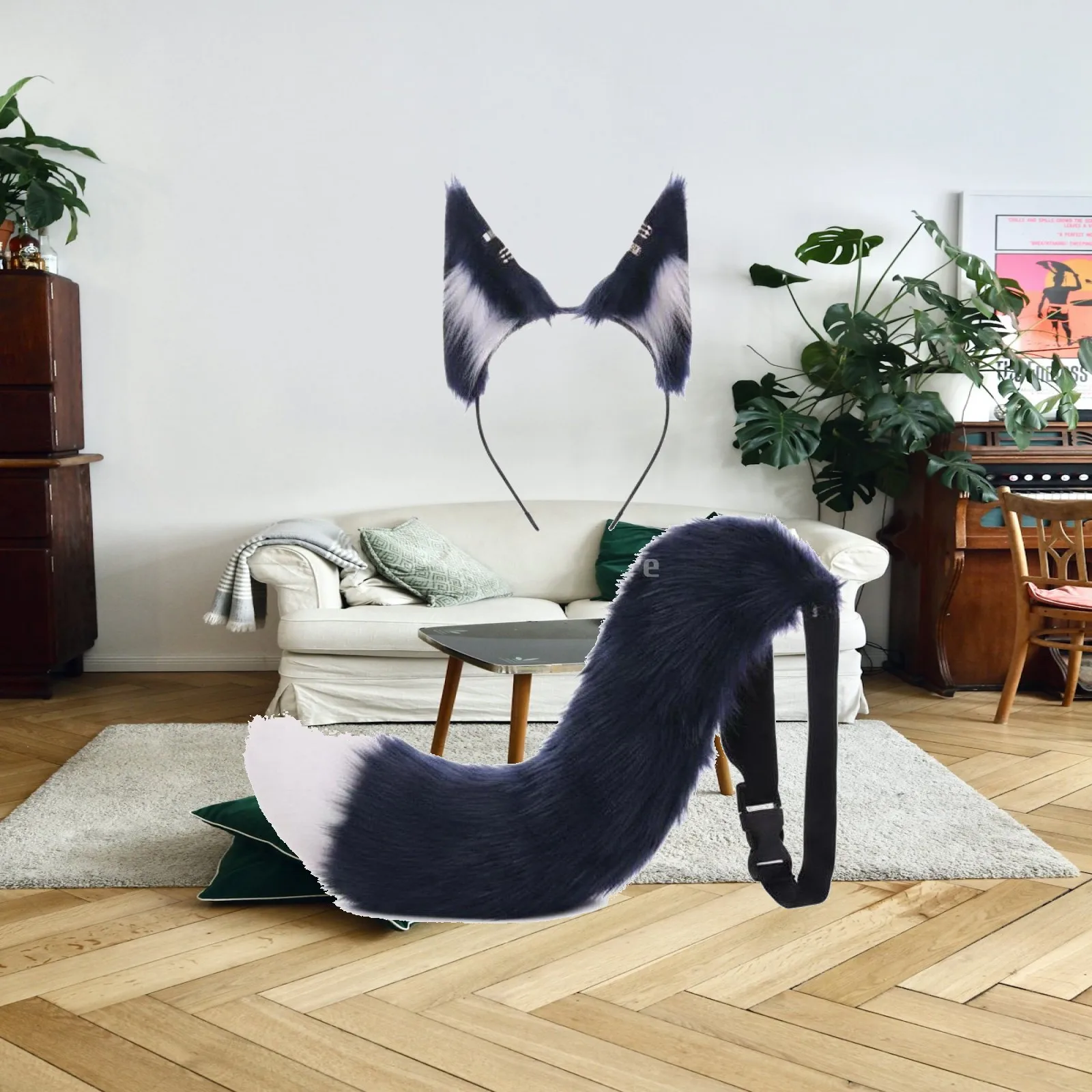 Wolf Role Play Ears with Matching Tail for Halloween Costume Set Adult Cosplay Animal Event Dress Up Gear
