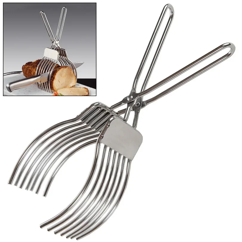 

Stainless Steel Roast Beef Cutting Tongs Meat Bread Slicing Tong Onion Tomato Holder For Slicing Vegetable Fruits Cutting Kitche