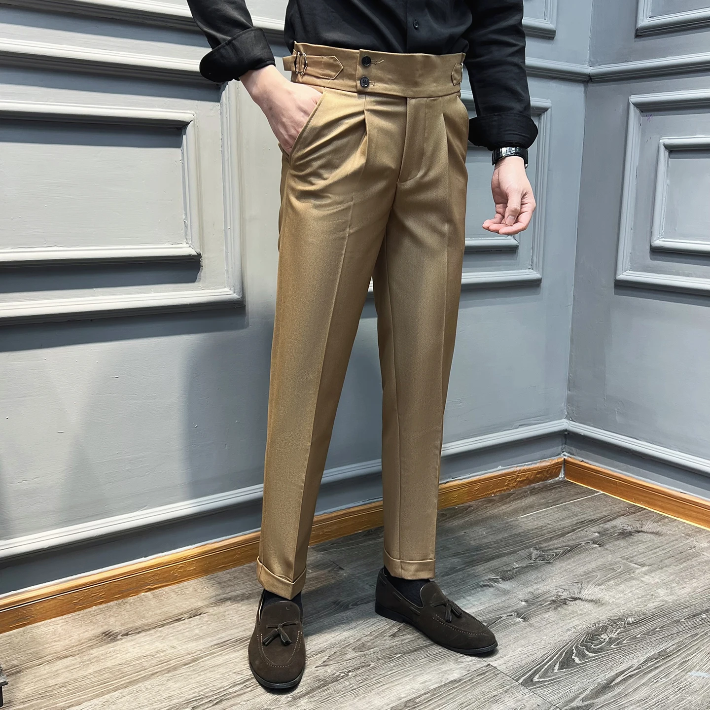 Celana Panjang Pria Model Italia Naples High Waisted Straight Berkualitas Tinggi Warna Solid untuk Bisnis Kasual Formal Kantor dan Acara Sosial