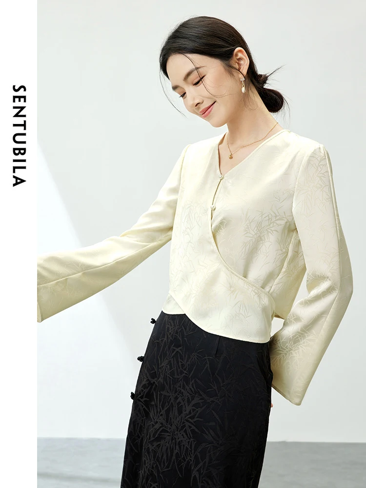 SENTUBILA Jacquard Light Apricot V-neck Shirt Chinese Style 2024 Lace-up Long Sleeve Chiffon Blouses Tops for Woman 141V52396