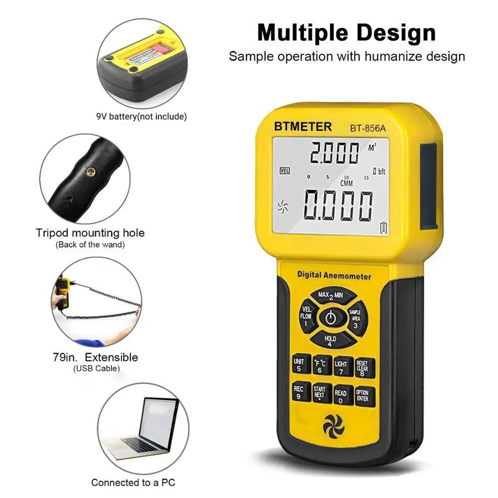 BT-856A Digital Anemometer Pro CFM Measures Wind Speed Wind Flow, Wind Temp for HVAC Air Flow Velocity Meter with Backlight USB