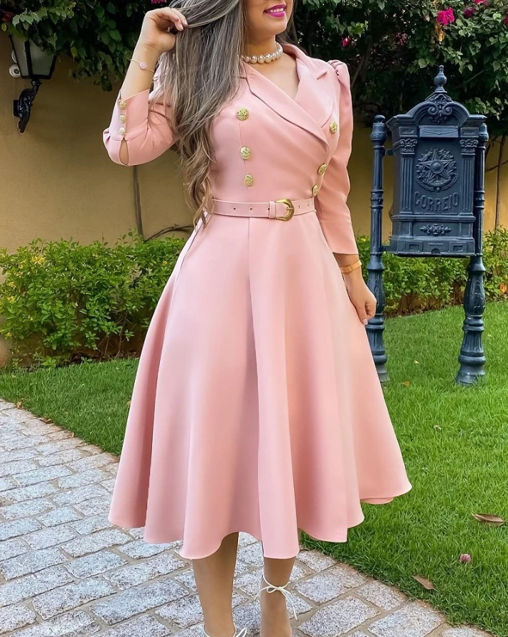 

Women's Pink Bubble Sleeves, Double Breasted Lapel Long Sleeved Sports and Casual Jacket Belt Cinched Waist Elegant Casualdress