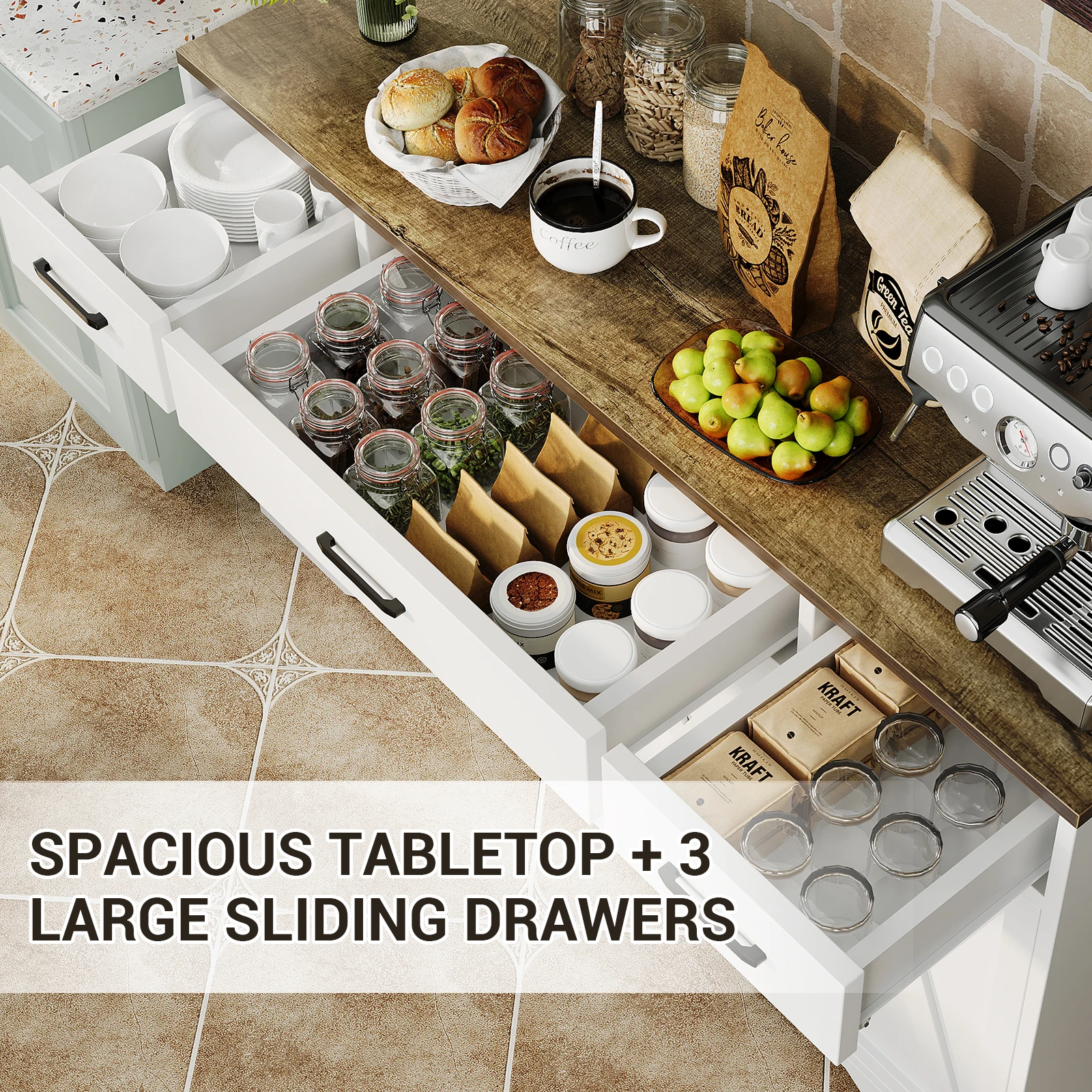 Buffet Cabinet with Storage, 55" Large Sideboard Buffet Cabinet with 3 Drawers and 4 Doors, Wood Kitchen Cabinet Display