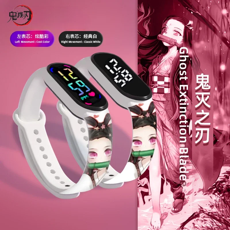 Demon Slayer Led Kleurrijke Klassieke Witte Mi Horloge Anime Figuren Kamado Tanjirou Nezuko Waterdicht Sporthorloge Kids Cadeau Speelgoed