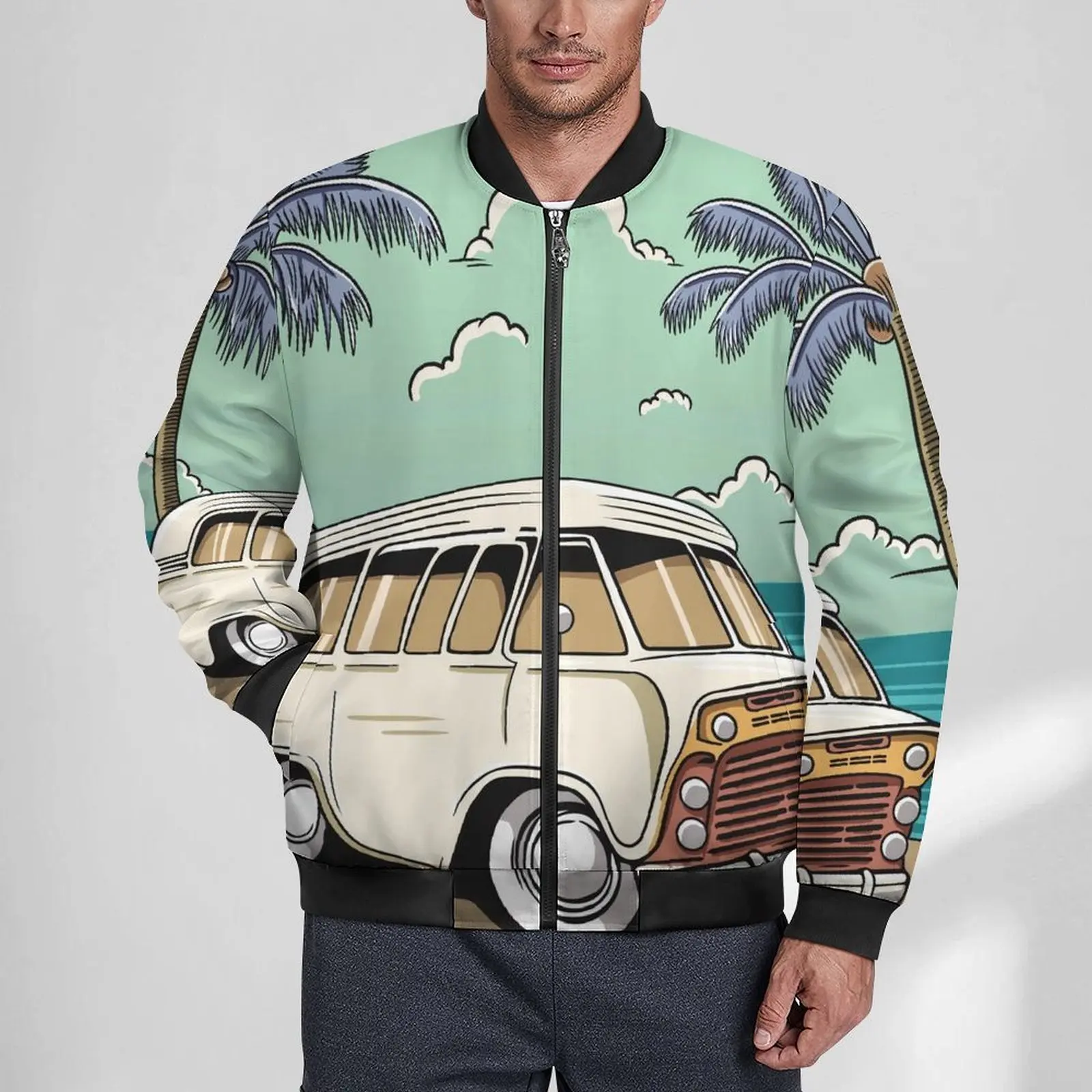 Vintage Car With Palm Trees Casual Jackets Man  Coats Autumn Aesthetic Jacket Zipper Pattern Outdoor Windbreak 4XL 5XL 6XL