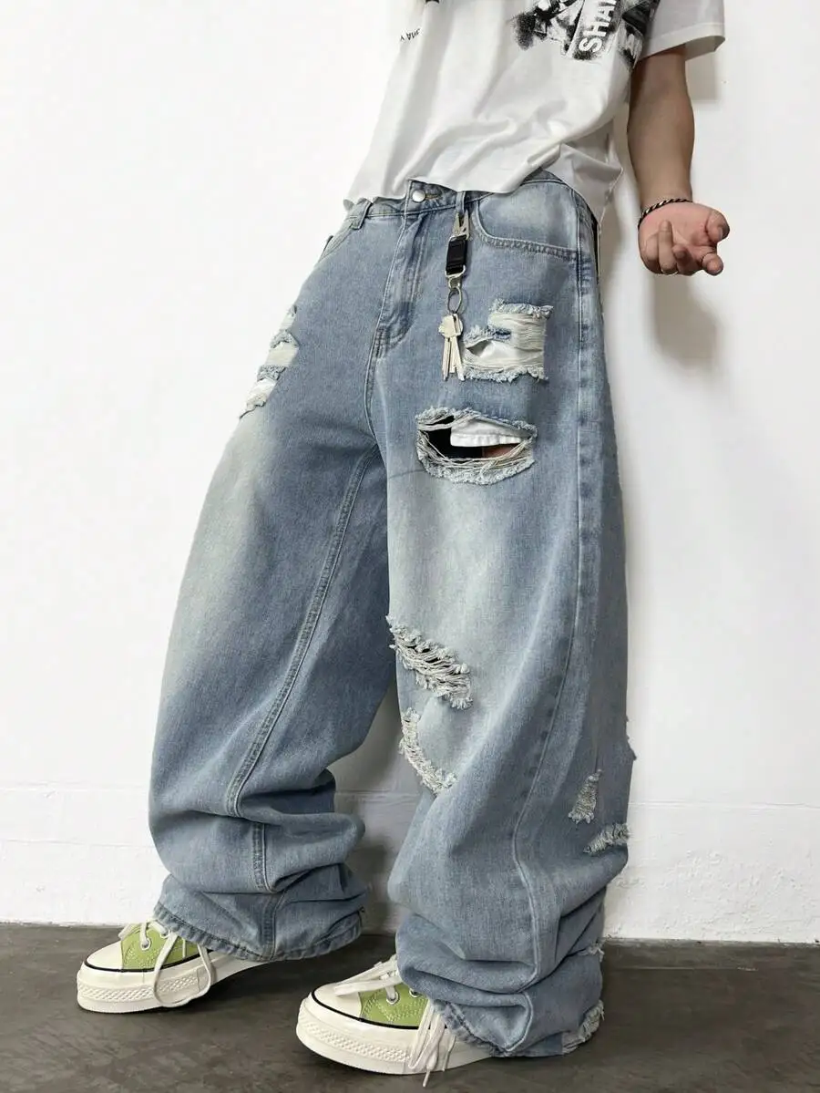 

Distressed Loose Fit Wide Leg Washed Denim Jeans For Men