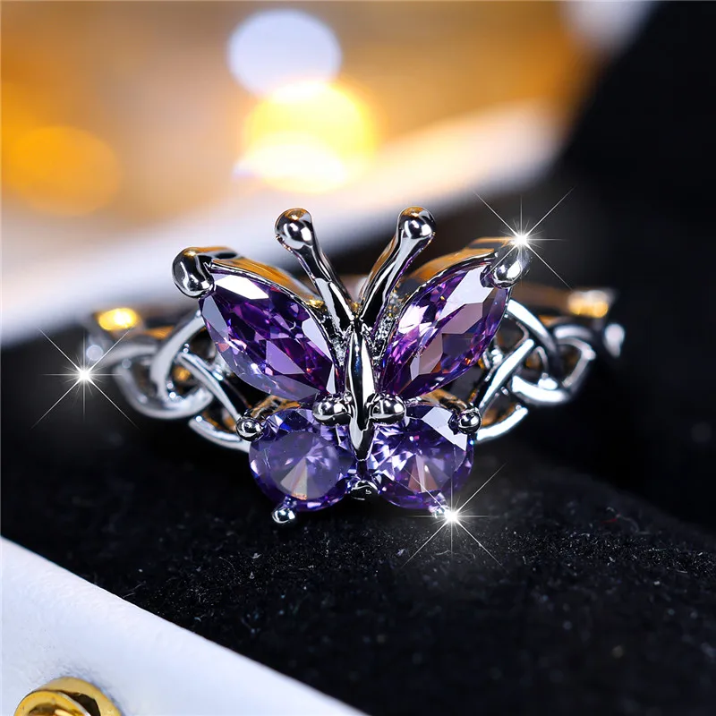 Elegant Female Purple Butterfly Zircon Stone Engagement Ring Silver Color Summer Wedding Jewelry For Women