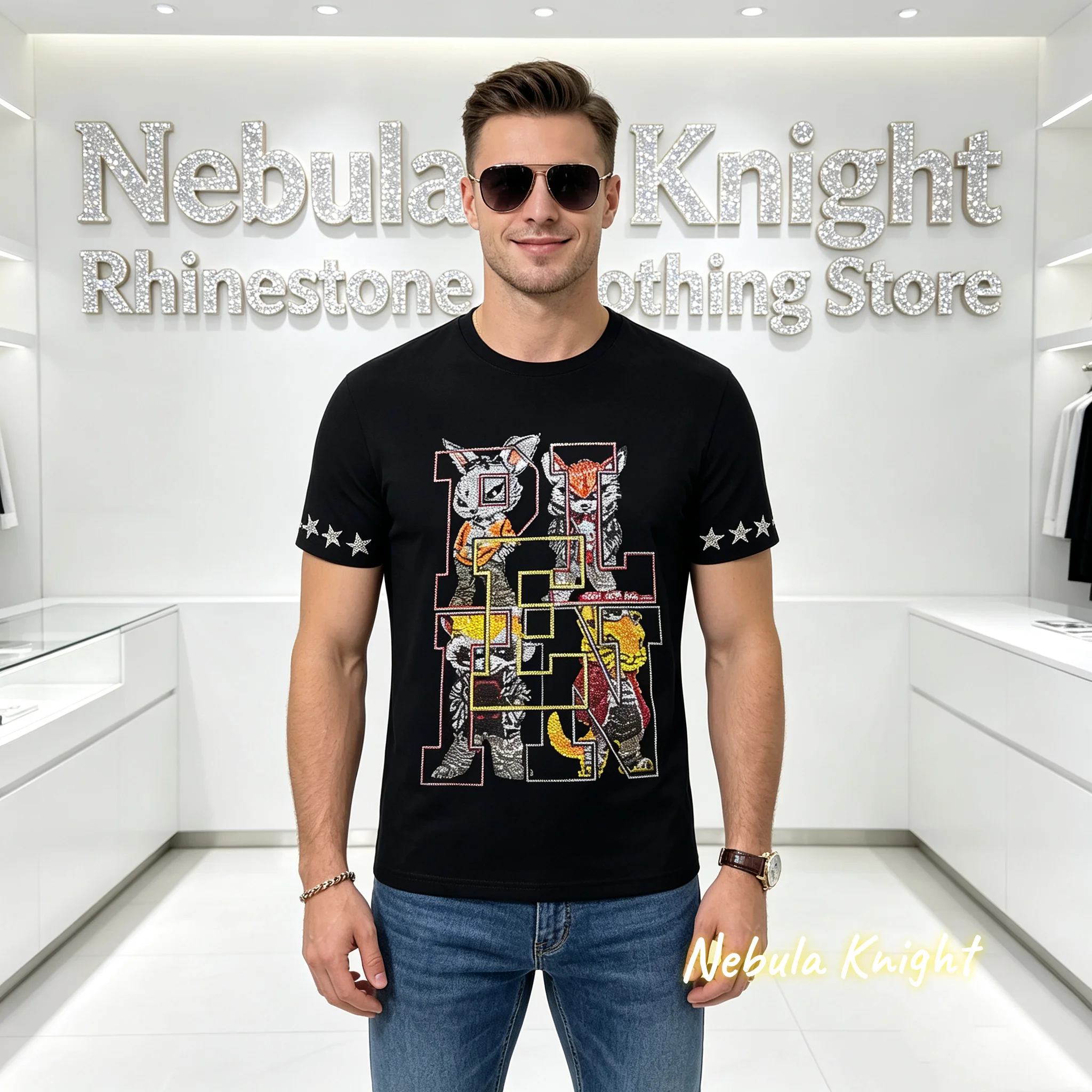 Men's Luxury Crystal Rhinestone Cotton T-Shirt O-Neck Short Sleeve Summer Bling Casual Streetwear Daily Top