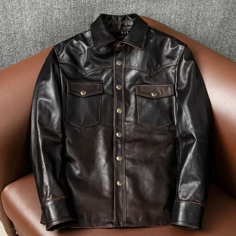 

Tea Core First-Layer Horsehide Hand-Rubbed Retro Natural Leather Jacket Men's Lapel Slim Short Motorcycle Leather Jacket