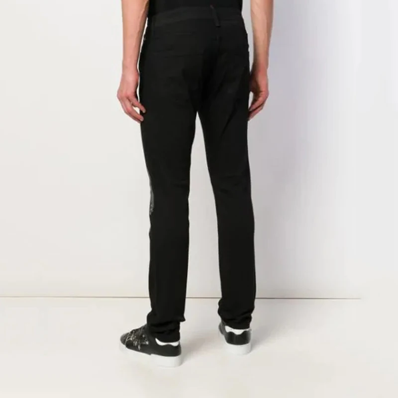 Rhinestone Hole Slim Fit Denim Pencil Jeans For Man Men's Stretchy Black Trousers Jogging Hot Drill Punk Streetwear Biker Pants