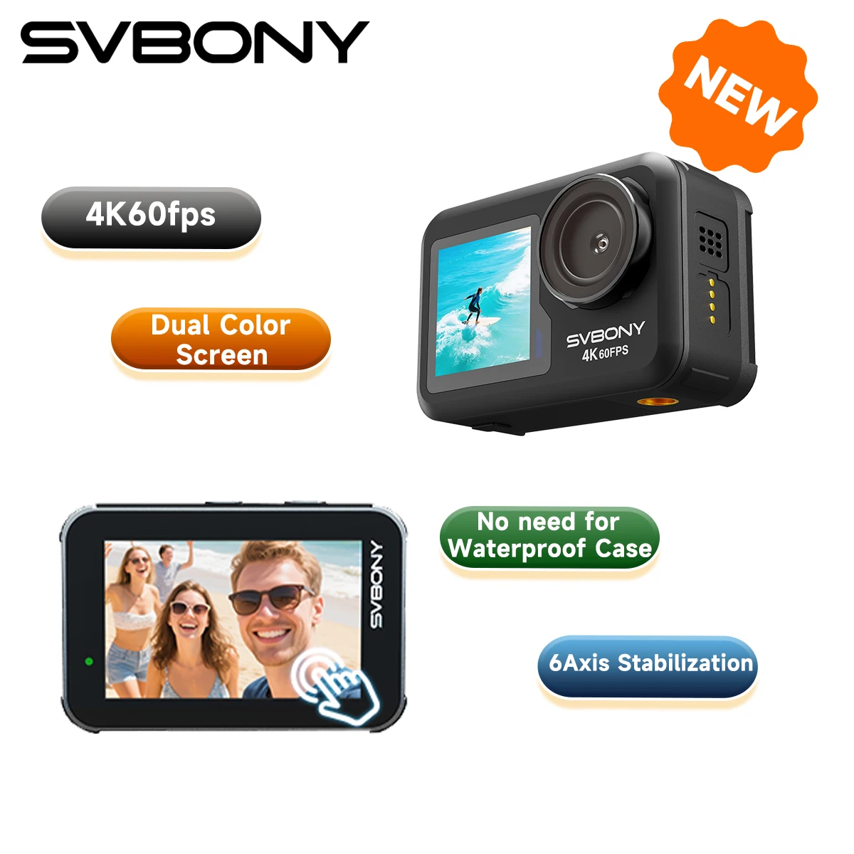 

Svbony Act20 Upgraded HD Waterproof Action Camera IPX8 4K Dual Display 6-axis EIS Magnetic Interface Travel Vlog Diving Cycling