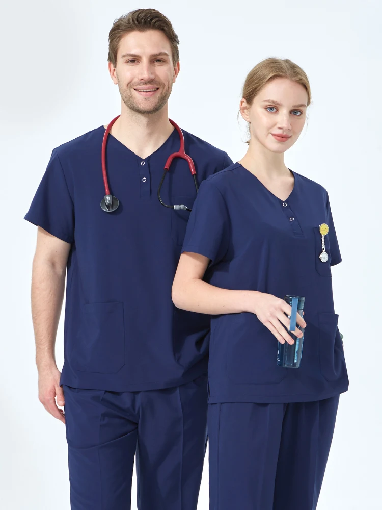 4-way Stretch Nursing Scrubs Medical Clinical Tunic Set Navy Women Men Doctors Nurses Outfit Suit Dental Surgical Uniforms S06