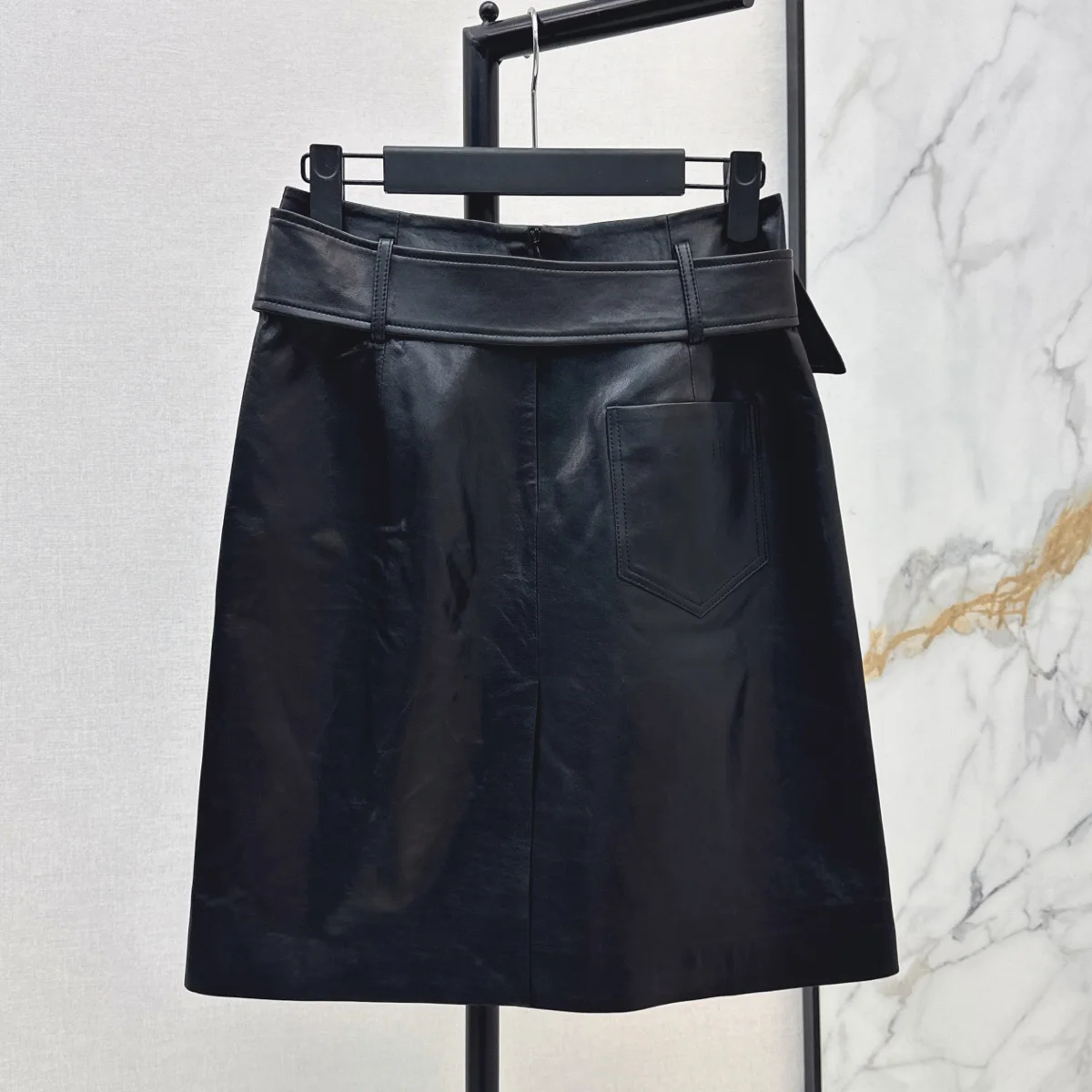 High Quality Women High Waist Belt Buckle A Line Leather Mini Skirt With Pockets lyt2672327