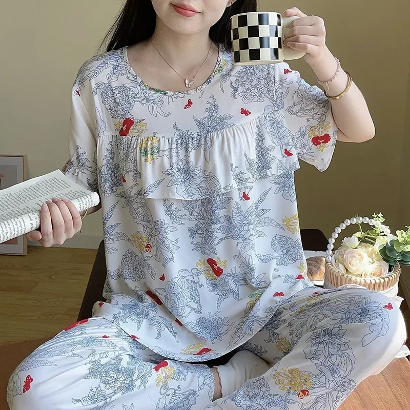 Cotton Silk Cute Outfit Satin Pajama Sets Ensembles 2 Piece Pants Trouser Ruffled Lady Lounge Women Pijama Sleepwear PJ