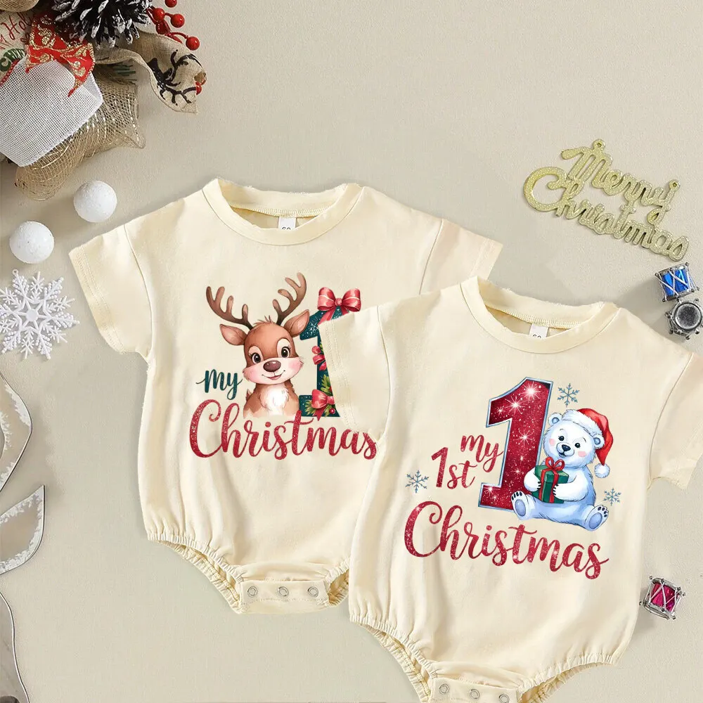 My 1st Christmas Print Baby Bubble Romper Christmas Party Infant Bodysuit Boys Girls Short Sleeve Romper Xmas Toddler Jumpsuit