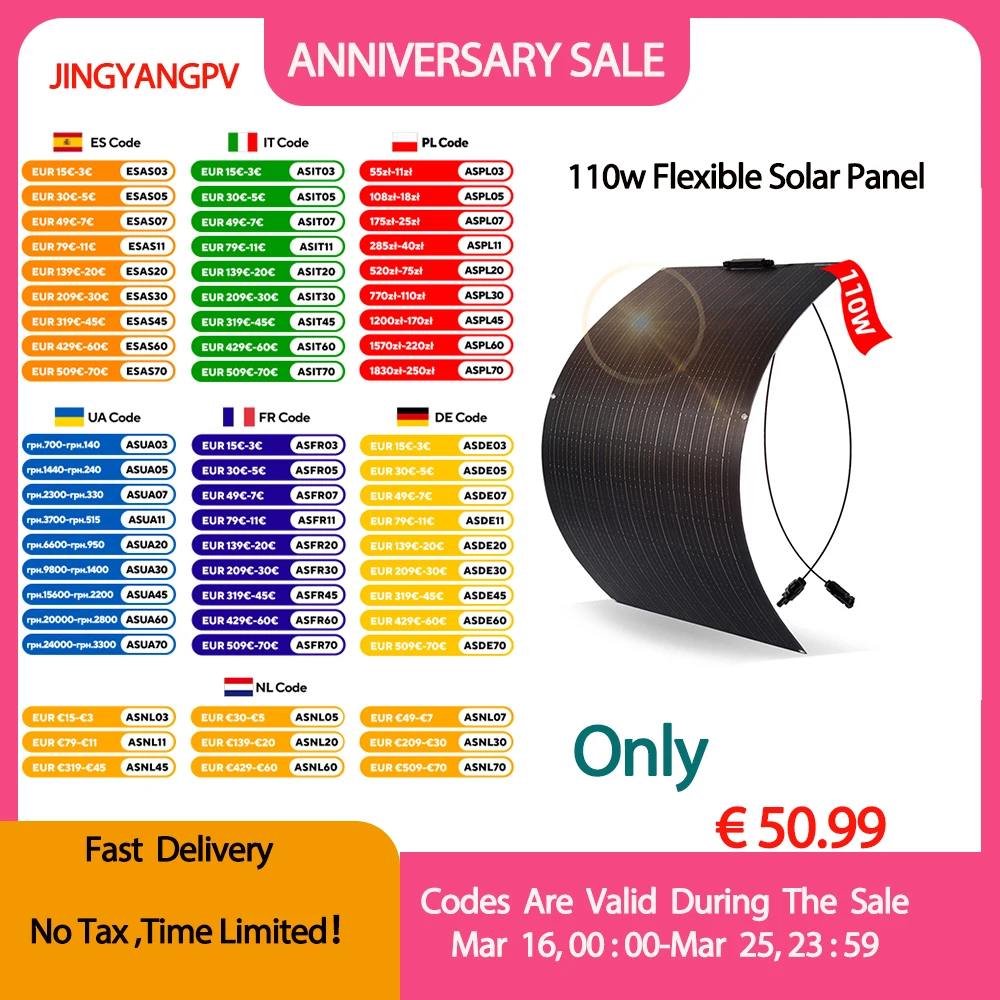 110W 220W 330W 440W ETFE Flexible Solar Panel 18V Panel Solar Monocrystalline Solar Cell 1000Watt Home System Kits RV Boat Car