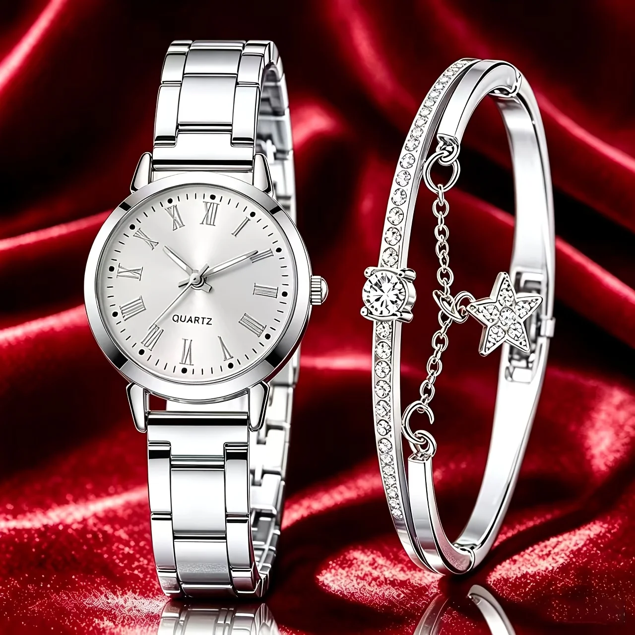 2-Piece Set of Fashionable and Simple Roman Numeral Quartz Watches Combined with 1 Bracelet, Suitable for Mother's Day