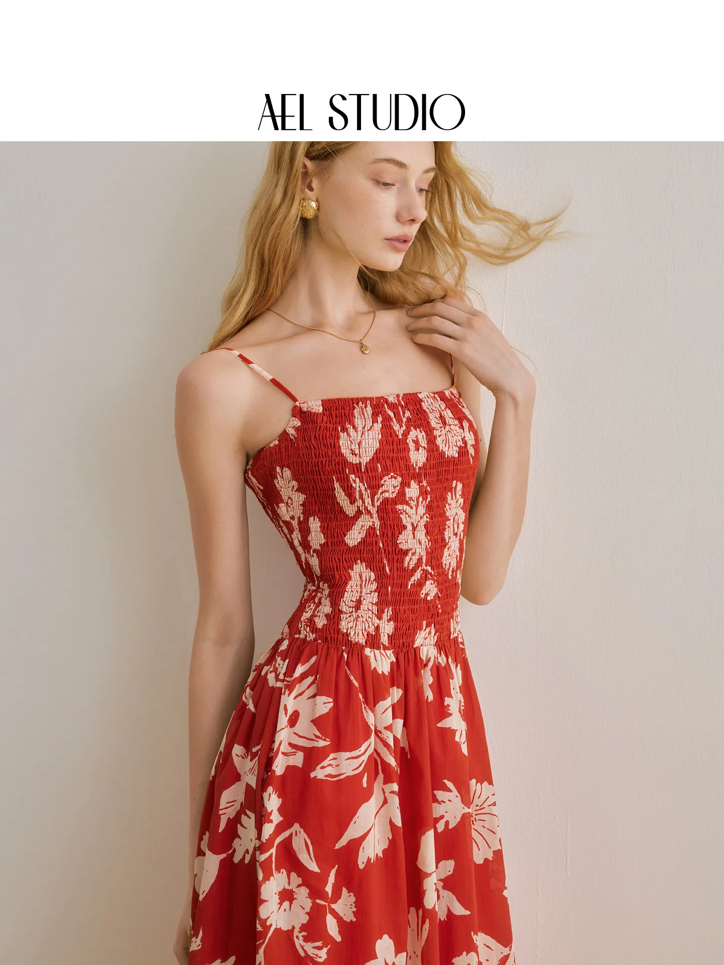 AEL Original Seaside Vacation Style Red Print Suspender Dress 26 Sommer Tailliertes und schmales, elegantes langes Kleid aus reiner Baumwolle – Detail 3
