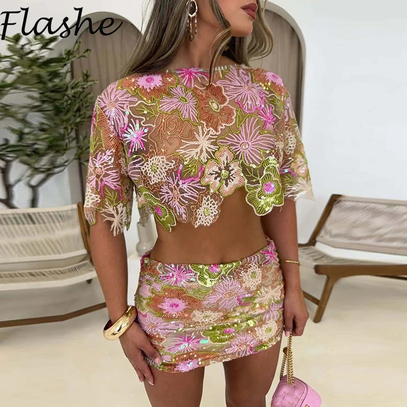 

Модный топ с вышивкой и блестками, юбка, женский костюм, рубашка с короткими рукавами, облегающие бедра юбки, костюм, женский пляжный праздничный комплект из двух предметов