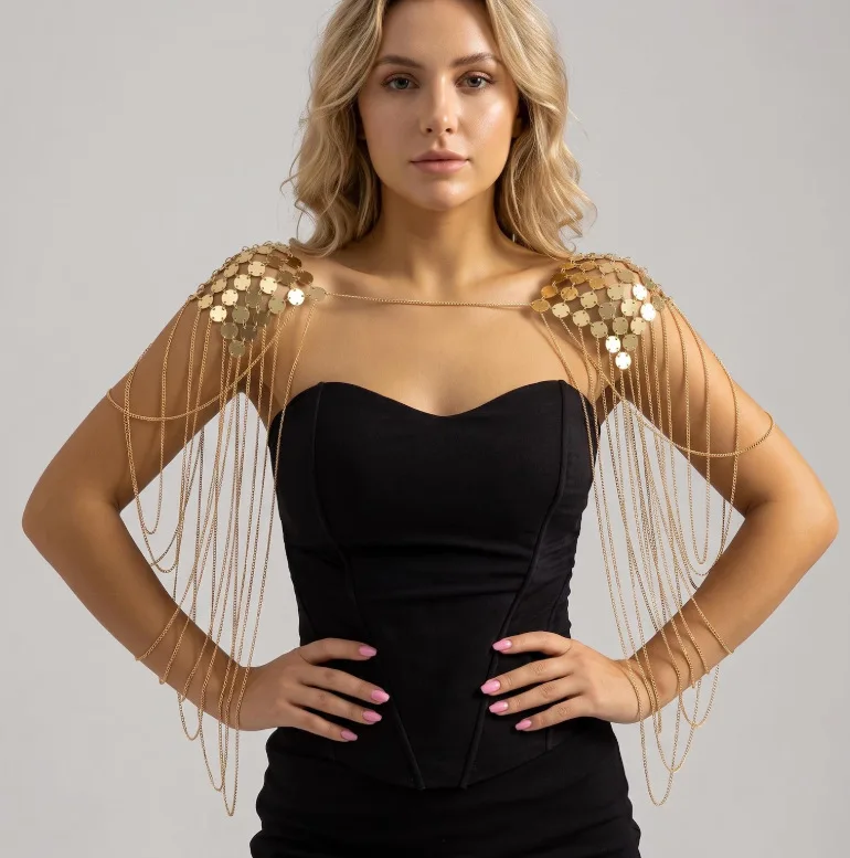 Goldene Schulterkette mit Quaste, Körperaccessoire, Einheitsgröße, dekoratives Schultergeschirr für Party, Abschlussball, Abendkleid, Fotoshooting, Großhandel – Detail 2