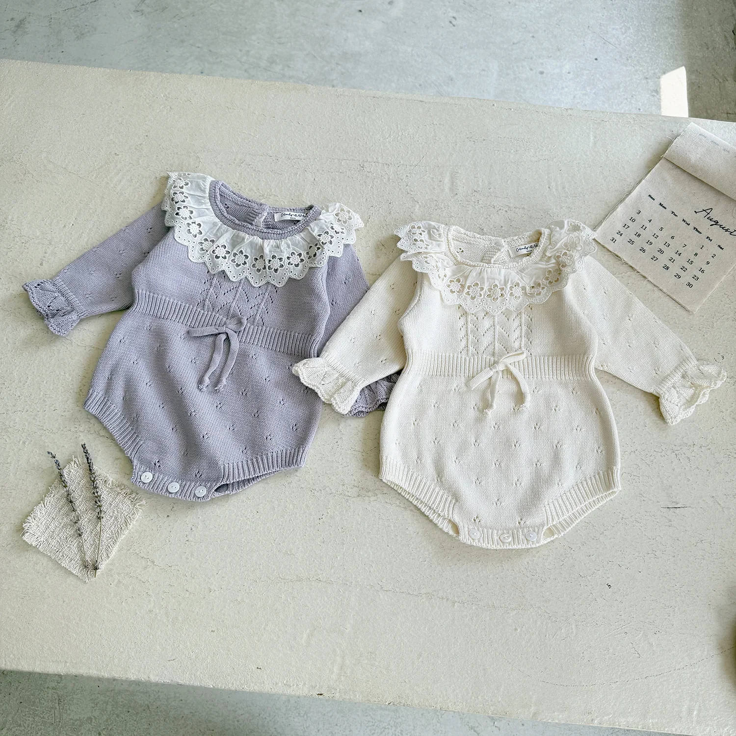 

Вязаные детские комбинезоны для девочек, осенне-весенний комбинезон с кружевным воротником для новорожденных, одежда с длинными рукавами, хлопковый комбинезон для девочек, комбинезон