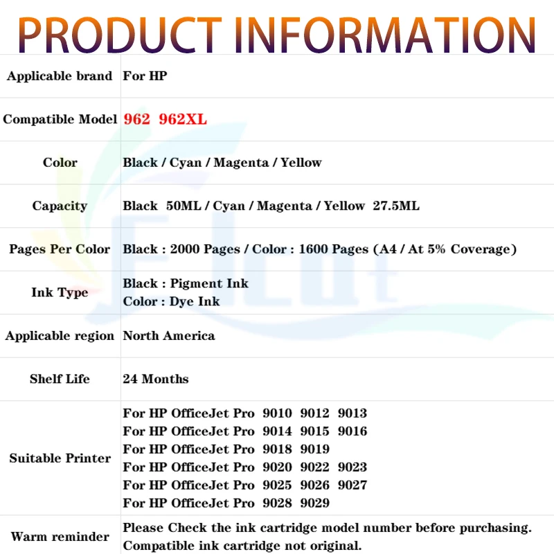 962XL 962 962 XL Ink Cartridge For HP 962 HP962 Compatible For HP OfficeJet Pro 9010 9012 9015 9018 9020 9026 9027 9028 printer