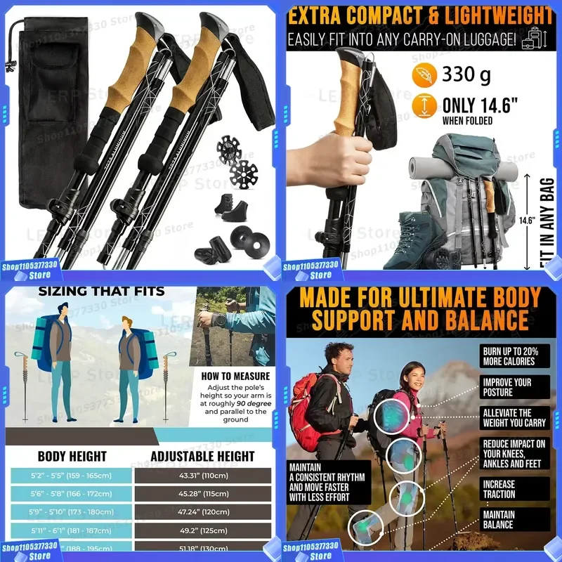 Foldable 5 Section Ski Poles High Quality Nordic Walking Canes For Hiking Trekking Outdoor Sports Adjustable Aluminum Alloy