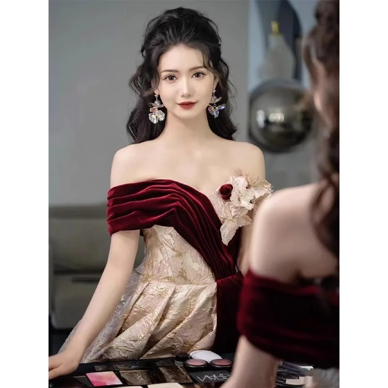 Princess Style Dress Jacquard Strapless Vestidos Women Luxury Party Banquet Dress Long Vestidos De Festa Female Qipao