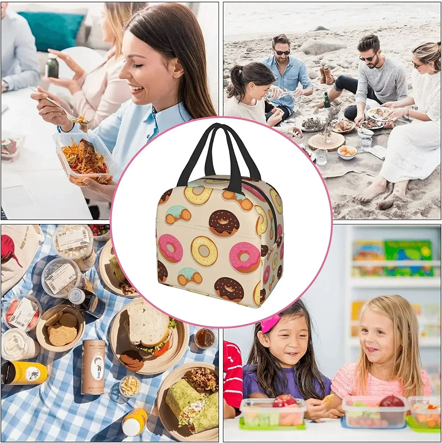 Funny Donuts Thermal Lunch Bag for Women Girl Insulated Cooler Lunch Box Containers for Adults Tote Bag Portable for Work School