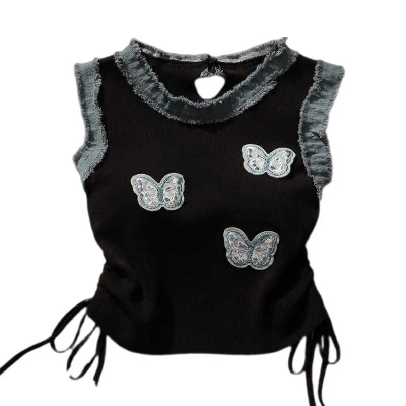 

2026 Summer Black Butterfly Drawstring Tank Top for Women American Sweet & Spicy Sleeveless Side Ruched Crop Top