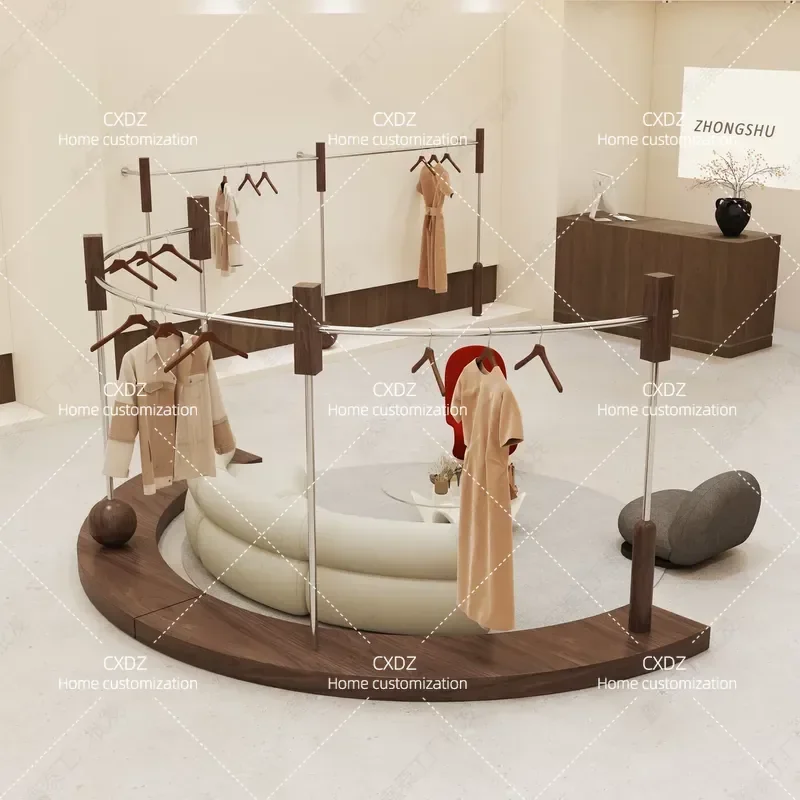 Walnut Clothing Store Display Men's and Women's Clothing Store Stainless Steel Curved Floor-to-Floor Clothing Hanging Middle