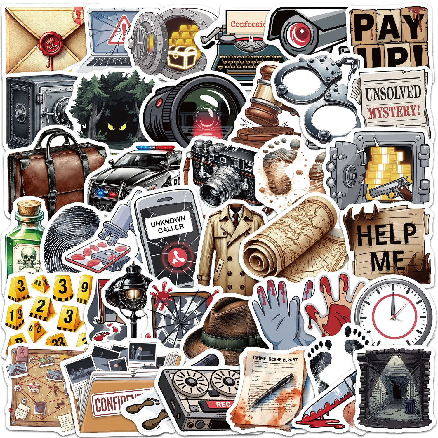 50pcs Detective Mystery Crime Phone Stickers True Crime Evidence Decals Unsolved Case Sticker Pack DIY for Laptop Skateboard