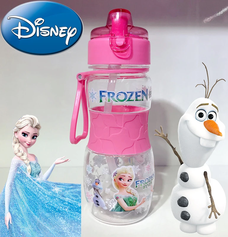 Disney-botella de agua de Elsa con pajita, Frozen McQueen, dibujos animados, gran capacidad, vasos para beber, botella portátil para exteriores, regalos para niños