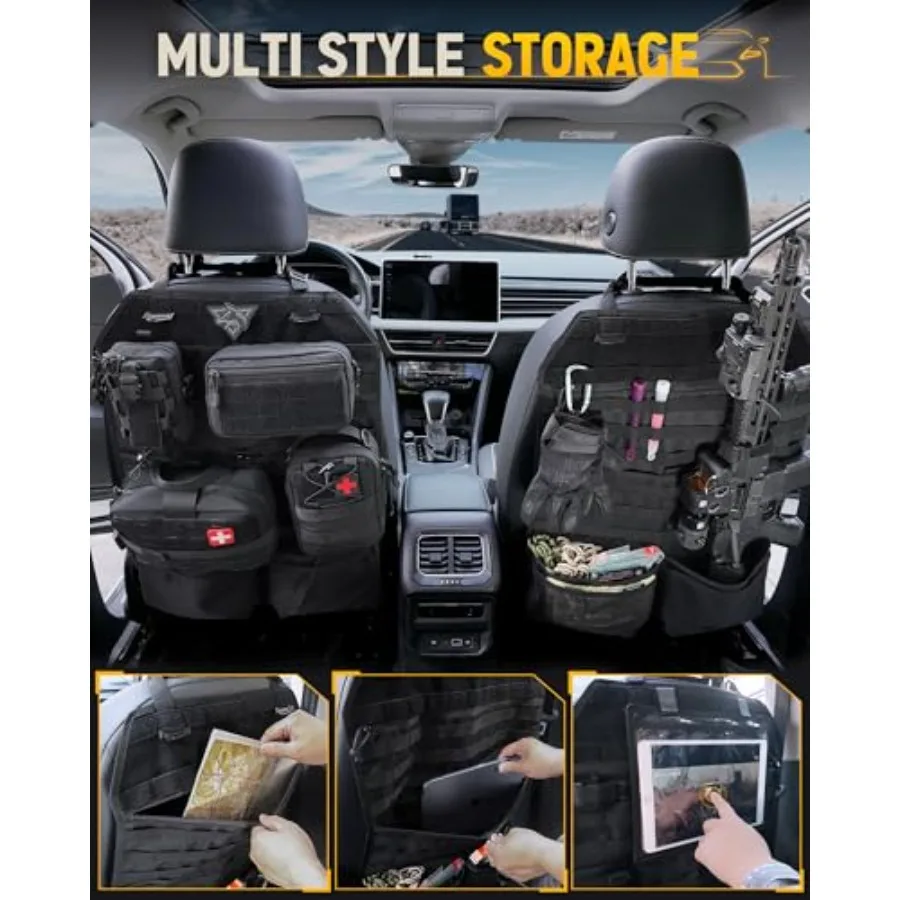 Tactical Car Seat Back Organizer Set, Vehicle Accessories Molle Panel wtih Detachable 4 Molle Pouches - First Aid EDC Admin Sto