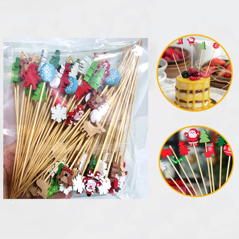 100PCS Santa Snowman Elk Christmas Bamboo Stick Skewer Toothpick for Cake Food Fruit Pick Toothpick Kids Christmas Party Decor