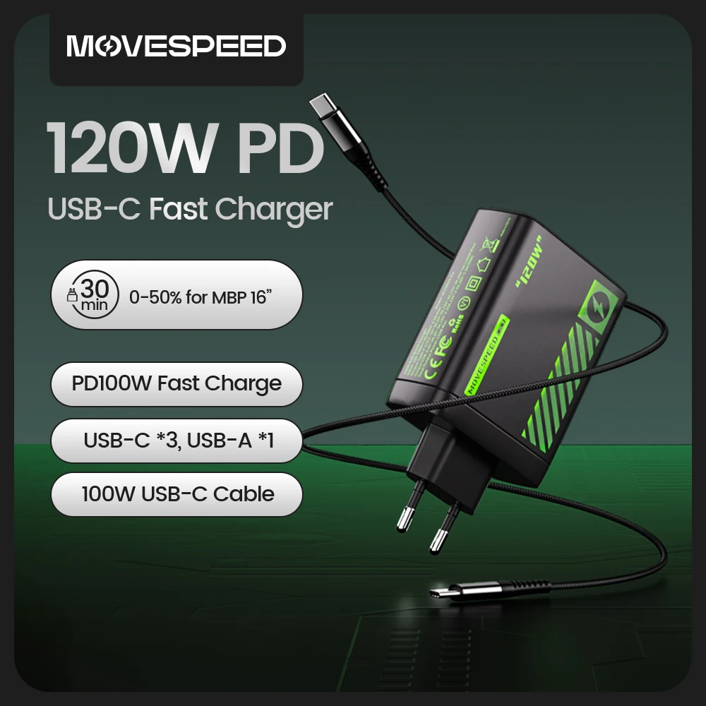 

MOVESPEED 120W GaN USB Charger Type C PD 100W Fast Charging Adapter QC 3.0 Wall Charger for iPhone 16 15 MacBook Lenovo Laptops