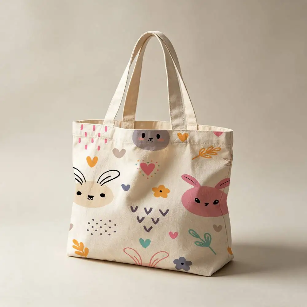 Cute Rabbit Pattern Waterproof Lining Canvas Tote Bag Large Capacity Reusable Shopping Bags Casual Student Daily Handbag