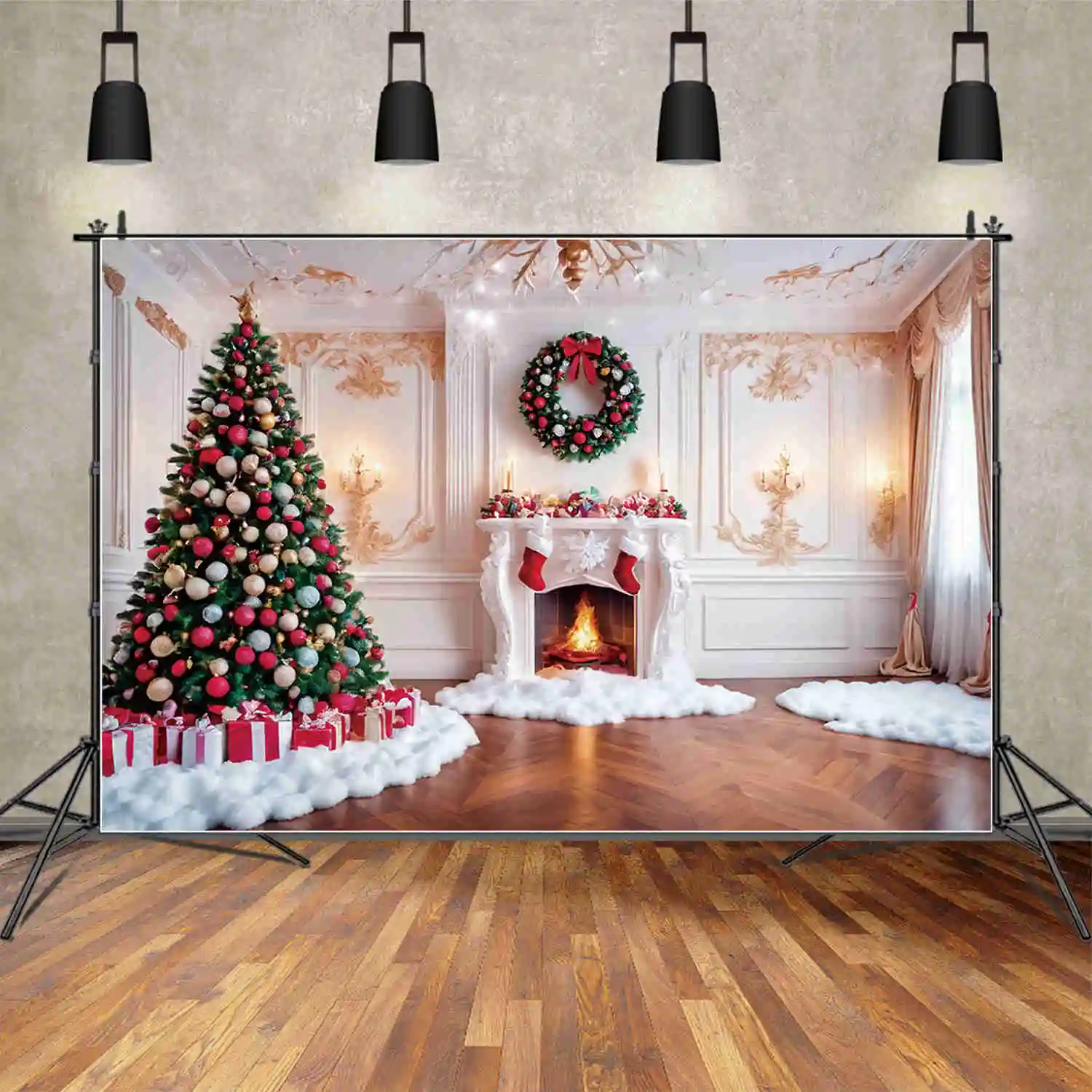 

MOON.QG White Christmas Tree Backdrop Winter Snow Fireplace Living Room Indoor Backgrounds Party Decor Photo Shoot Accessories